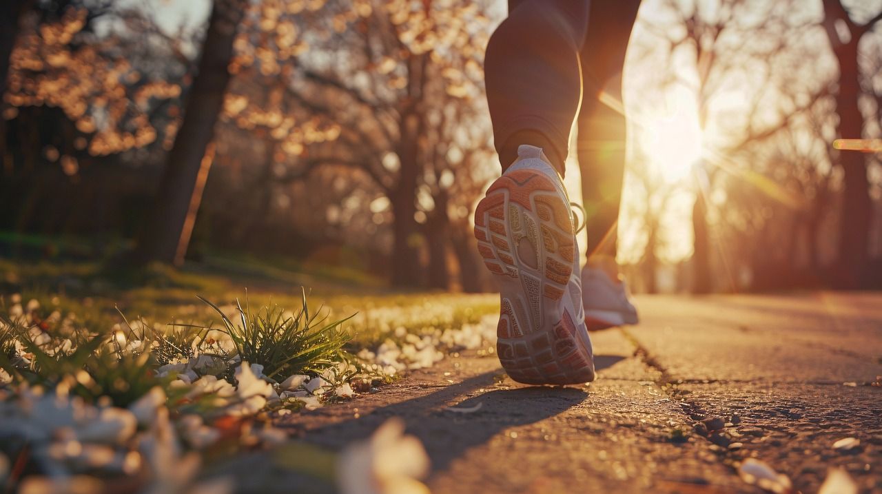 Runner's feet on a path at sunset