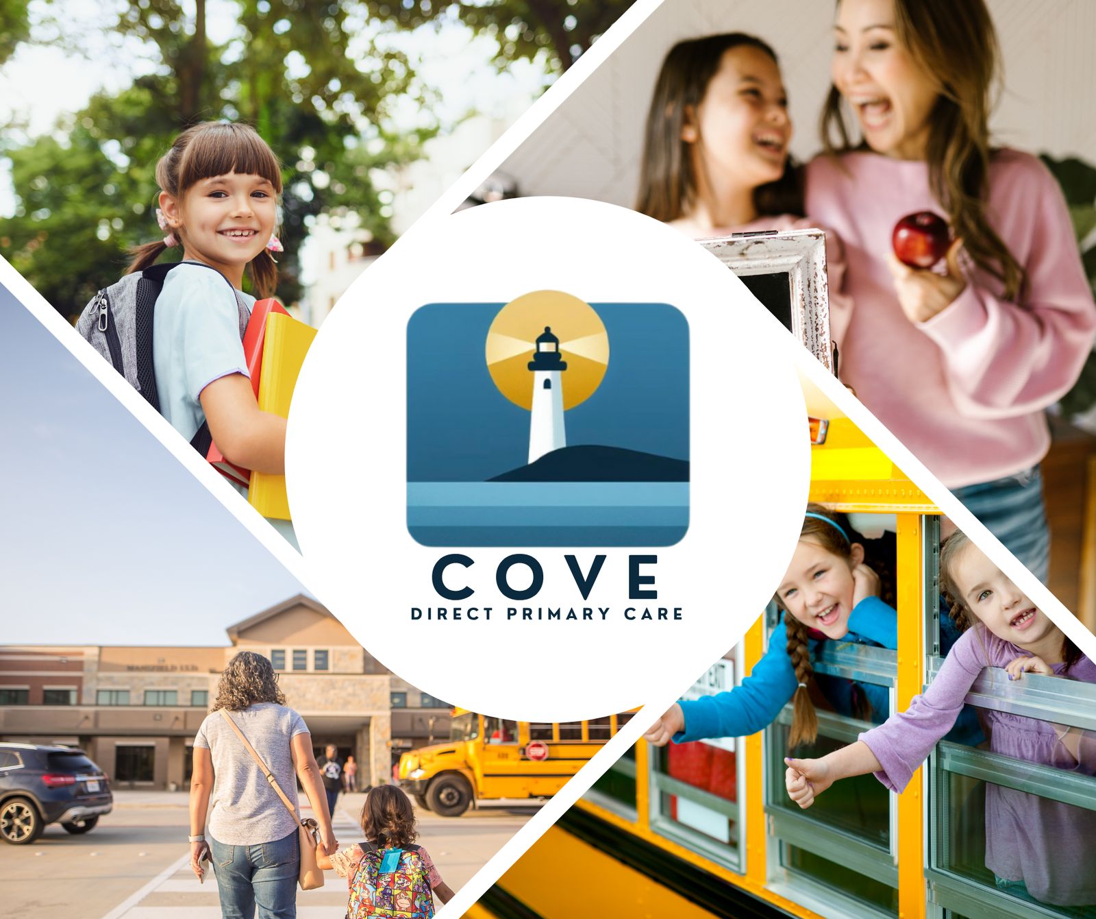 Kids and school scenes with Cove DPC logo